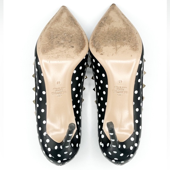 Valentino Rockstud Studded Polkadot Pointed Toe Black Leather Pump Heels - Picture 5 of 5